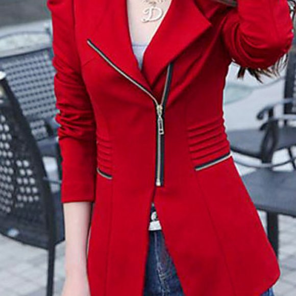Slim Fit Candy Red Zipper Jacket Blazer Long - Picture 9 of 12